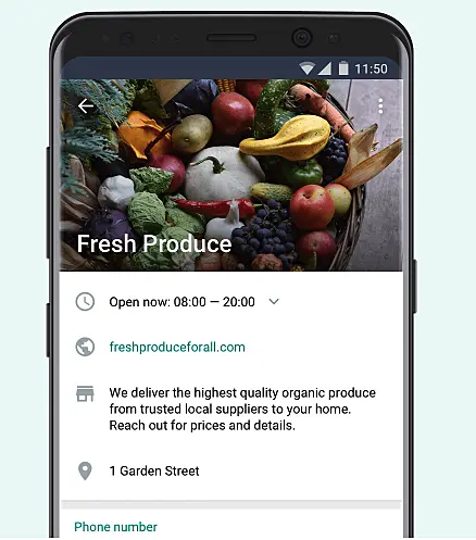 Mobile screen showing a WhatsApp Business profile