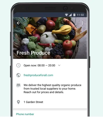 Mobile screen showing a WhatsApp Business profile