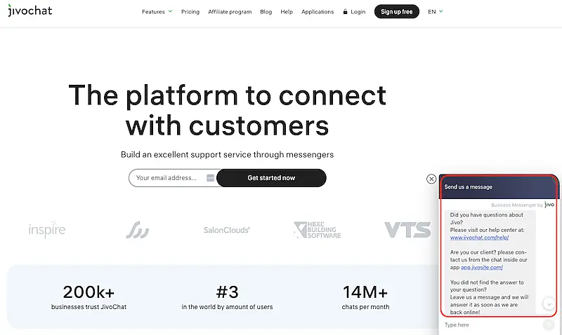 JivoChat home page with a live chat window opened on the right side of the screen.