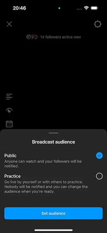 Instagram broadcast audience menu