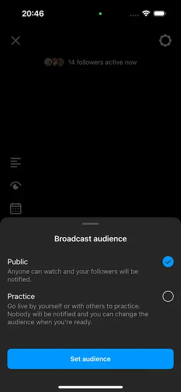 Instagram broadcast audience menu