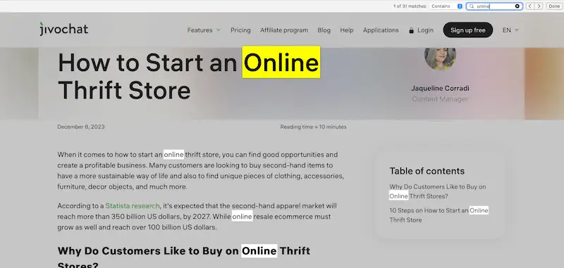 Search results on JivoChat page