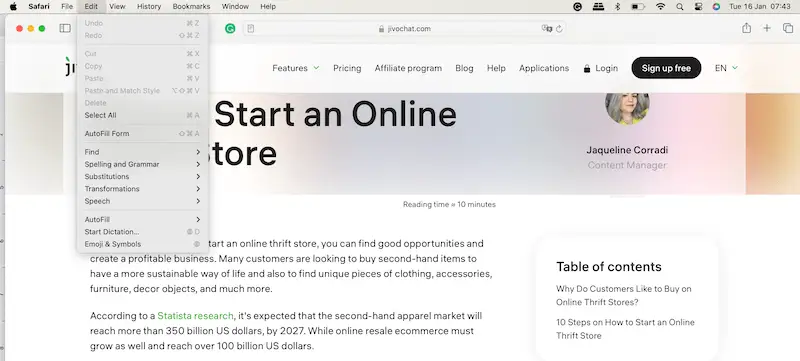 Safari menu