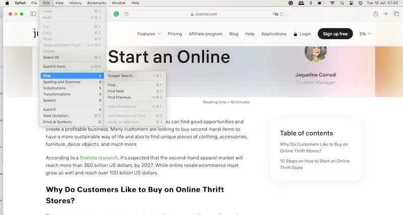 safari menu