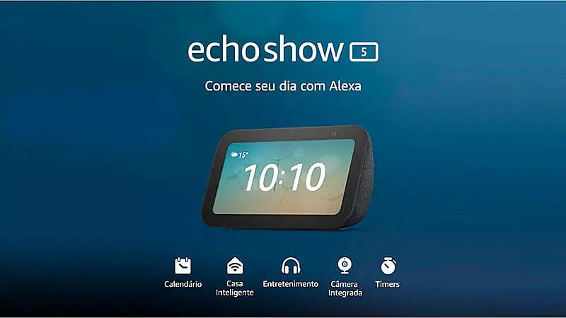 imagem promocional mostrando o Echo Show 5 e algumas das suas funcionalidades