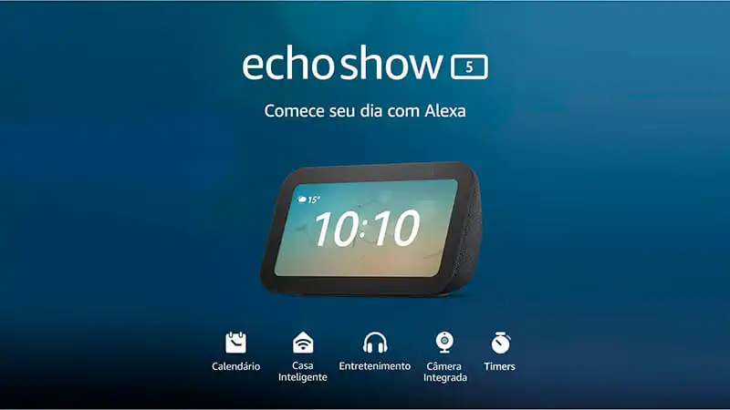 imagem promocional mostrando o Echo Show 5 e algumas das suas funcionalidades