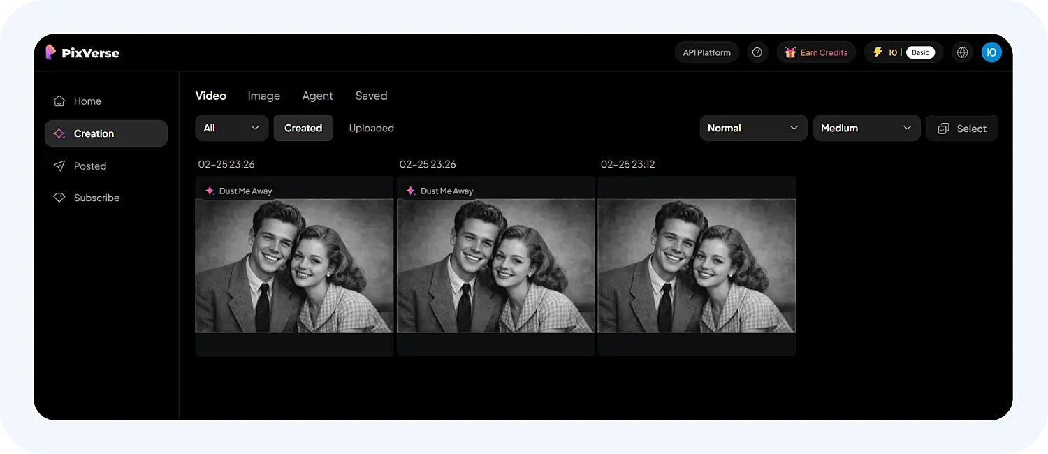 Нейросеть оживляет фото и сохраняет их в разделе Creation