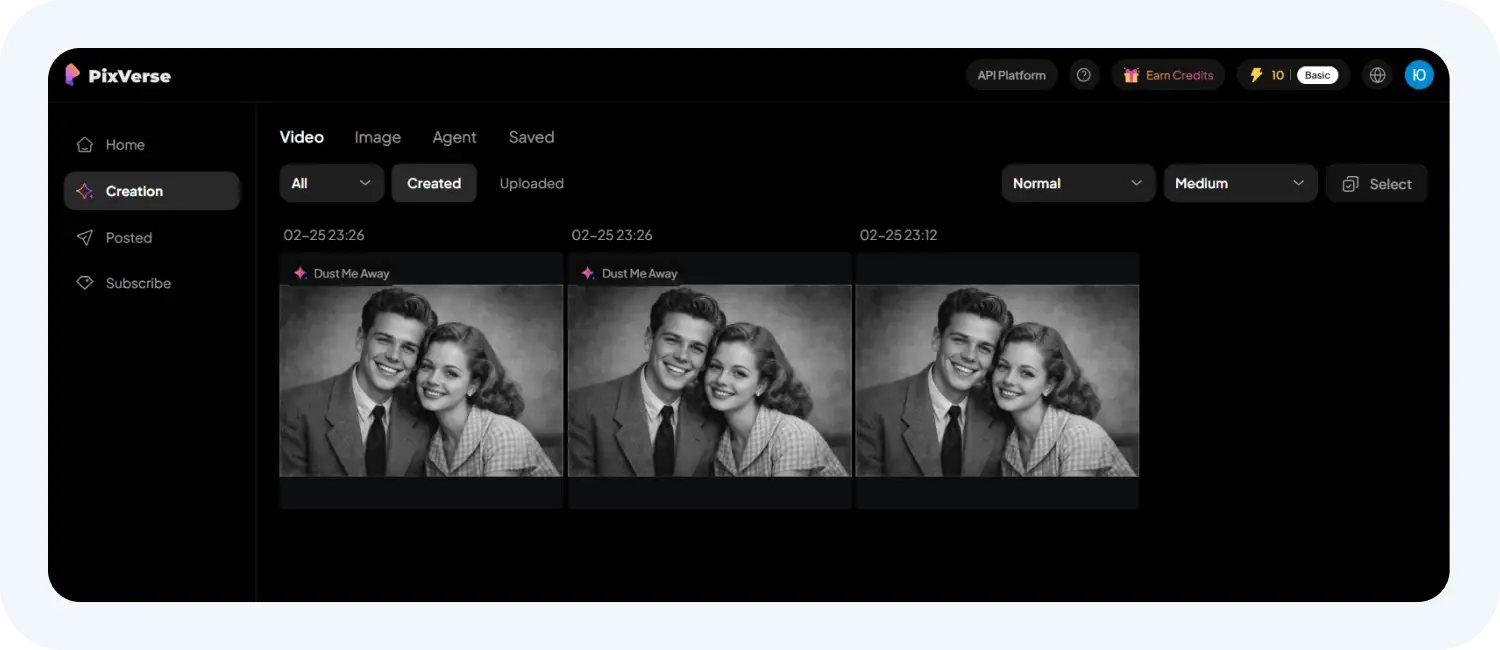 Нейросеть оживляет фото и сохраняет их в разделе Creation