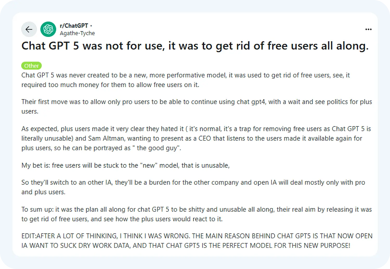 Пользователь Reddit считает ChatGPT-5 способом избавиться от бесплатных подписчиков
