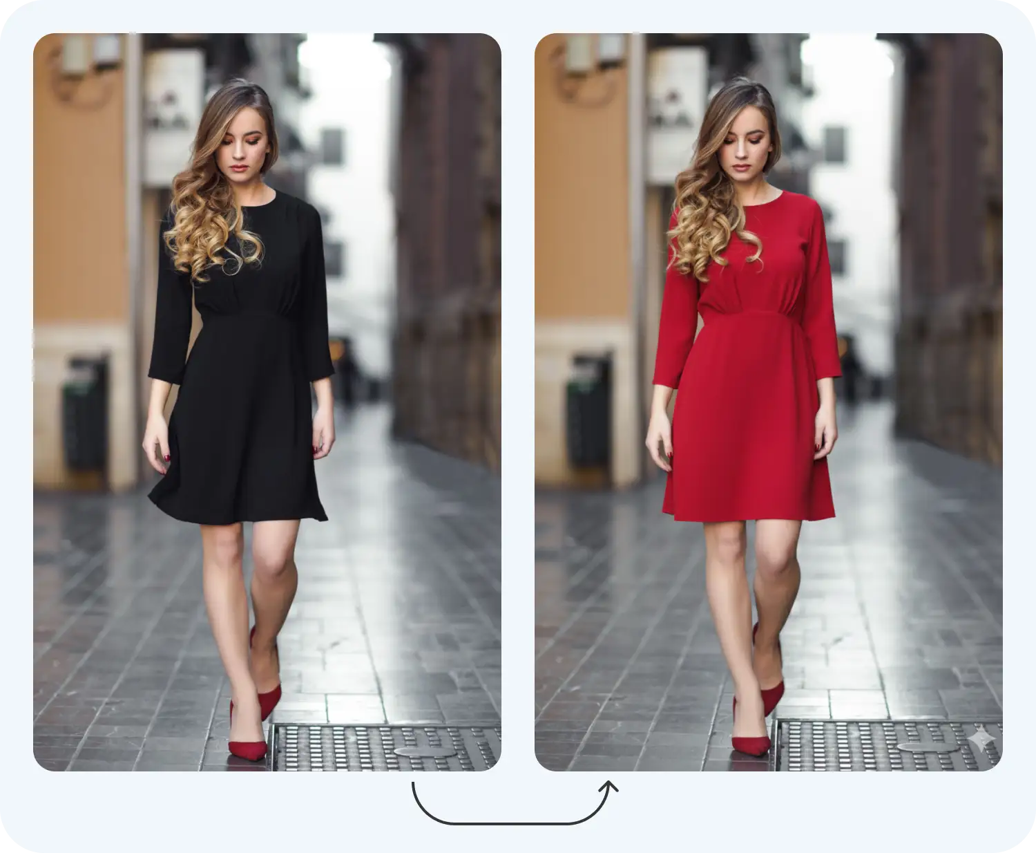 Референс взят с freepik.com Нейросеть Нано Банана поменяла цвет платья