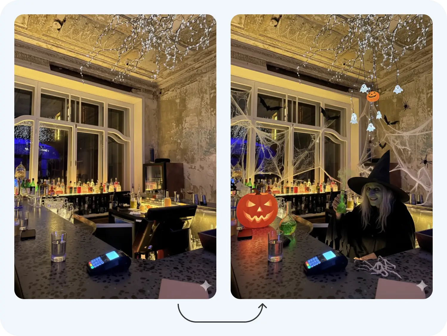 Оригинал фото снят в баре «Посольство» Нейросеть Нано Банана оформила бар в стиле Хэллоуин