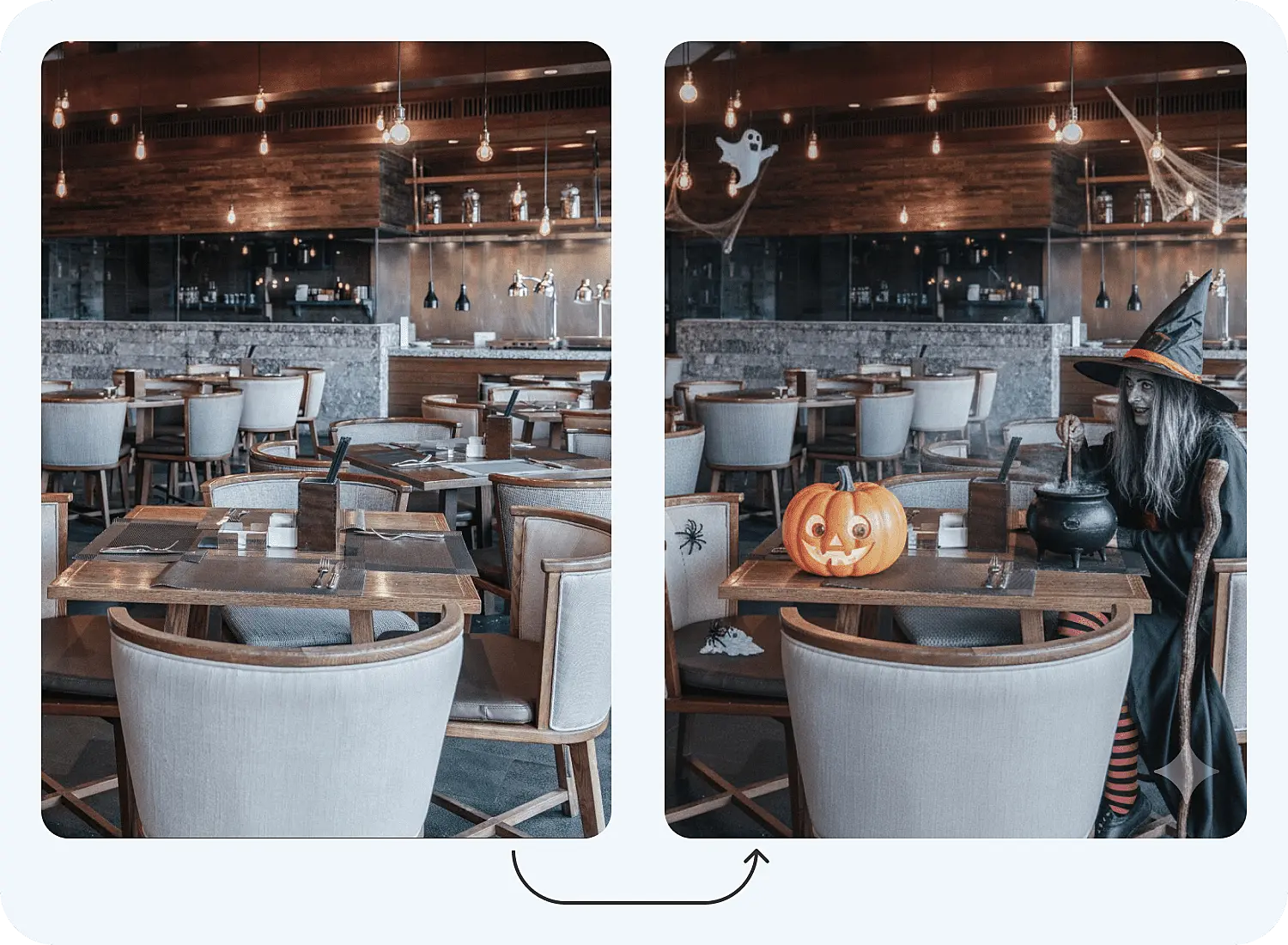 Нейросеть Нано Банана оформила бар в стиле Хэллоуин