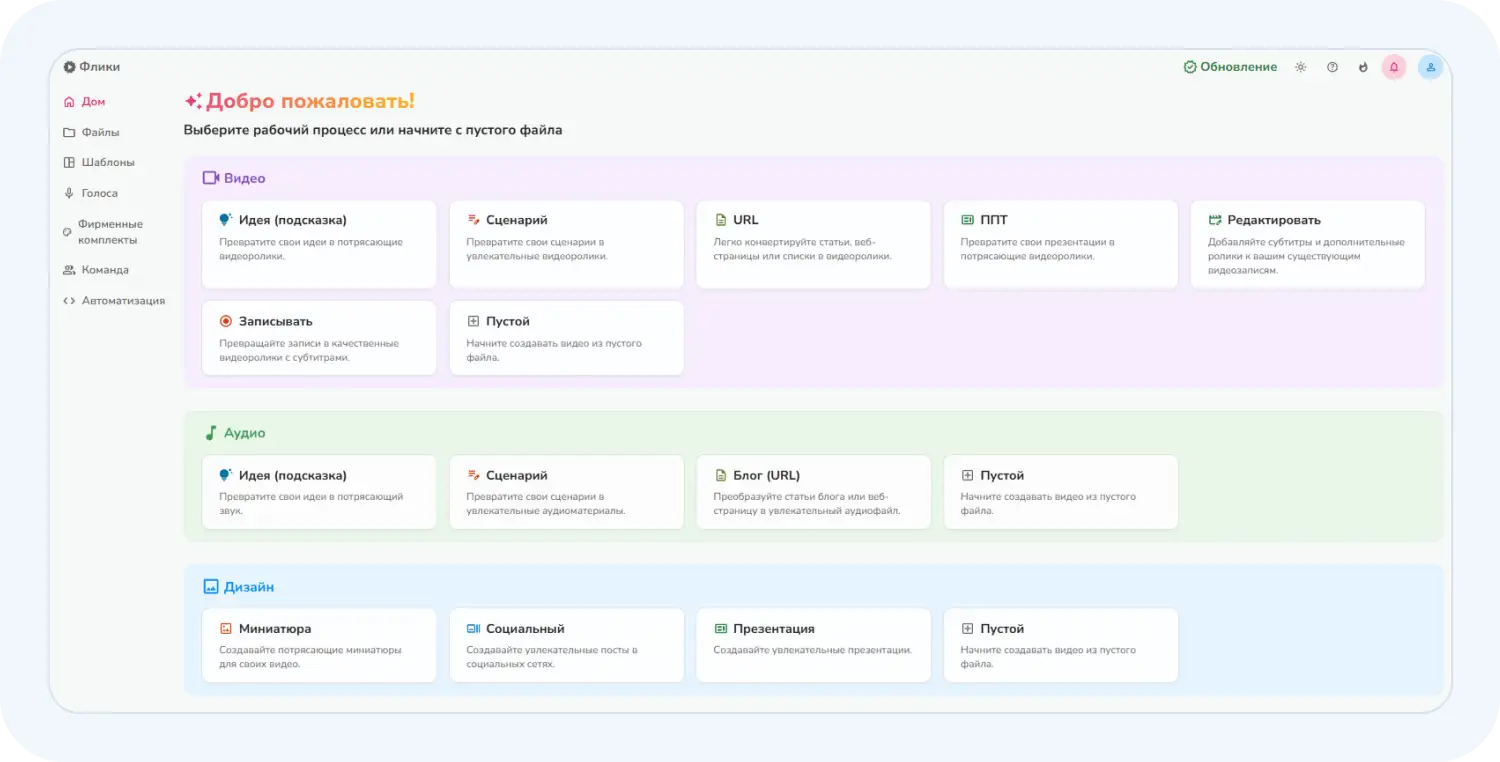 Интерфейс Fliki для создания видео