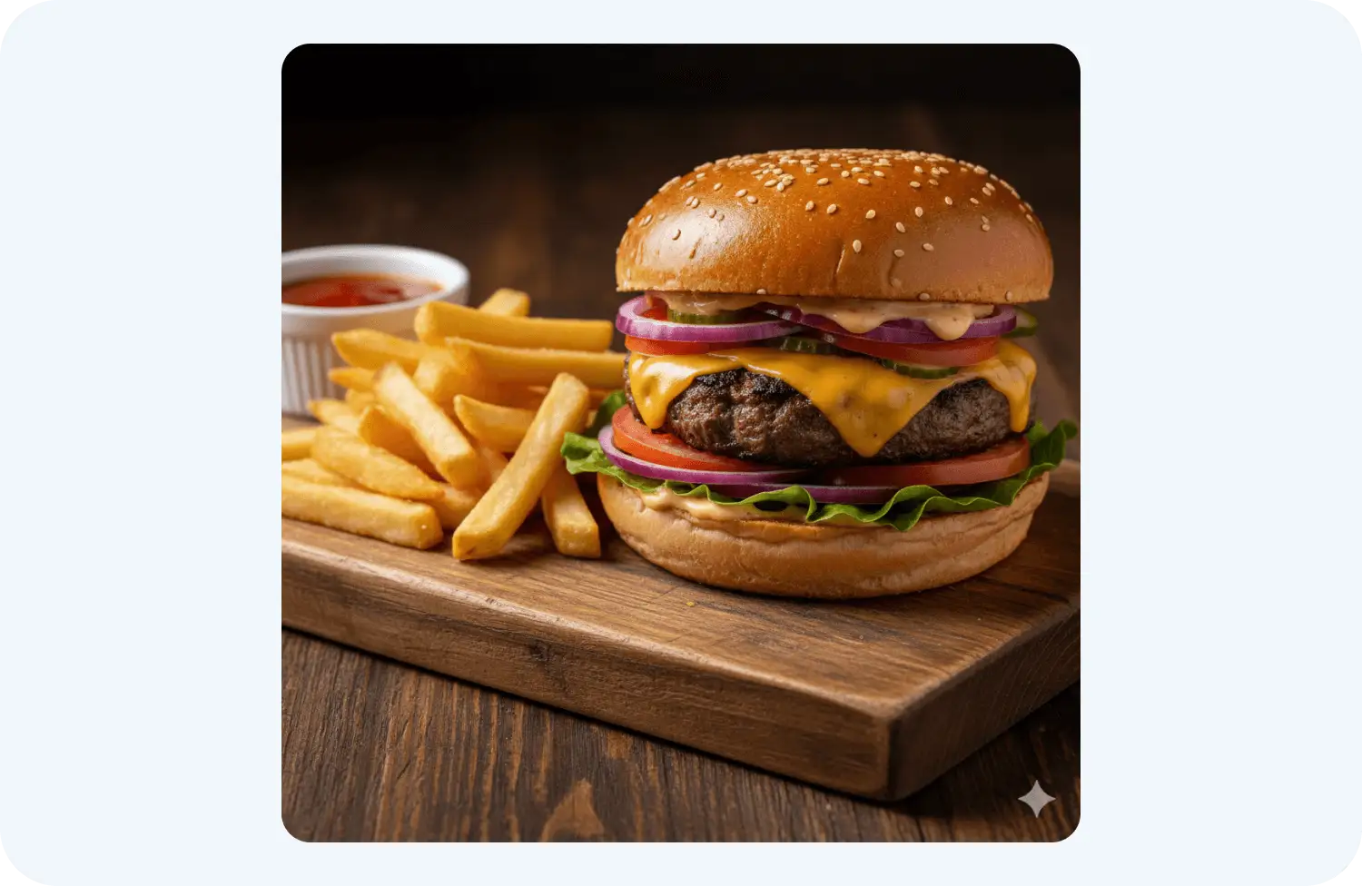 По нашему промпту Нано Банана сгенерировала фото бургера для меню ресторана