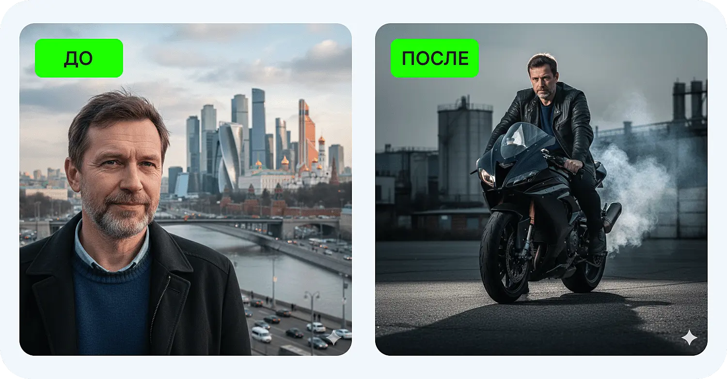 Сгенерированная фотография мотоциклиста по промпту для Нано Банана