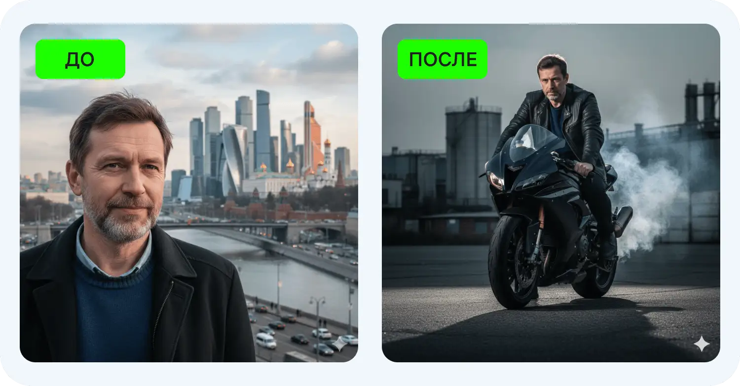 Сгенерированная фотография мотоциклиста по промпту для Нано Банана