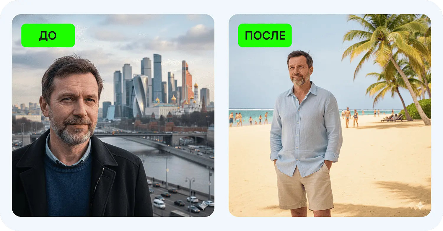 Сгенерировали фотографию на пляже по промпту для Nano Banana