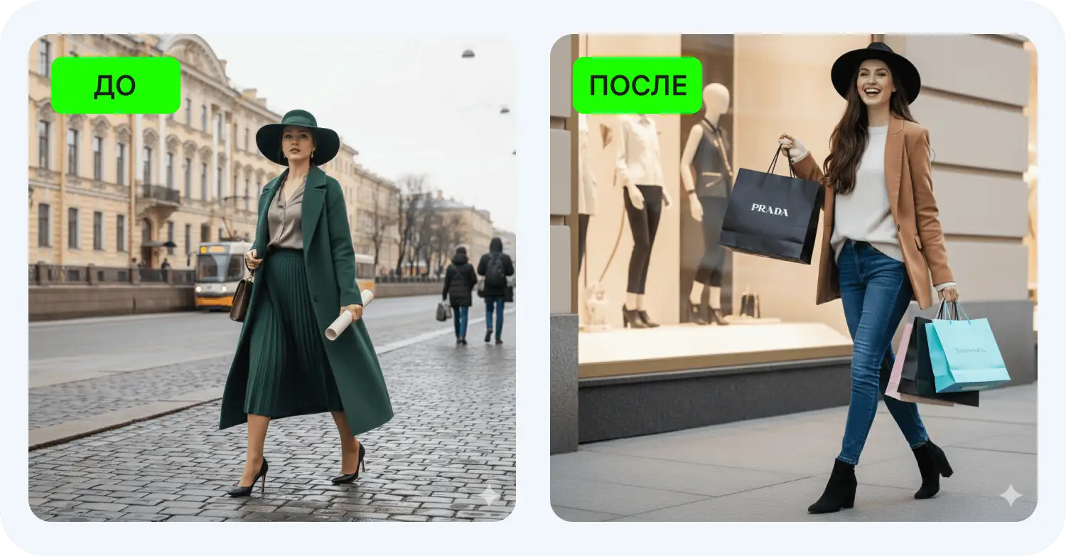 По промпту для Нано Банана мы создали фото девушки у бутика одежды