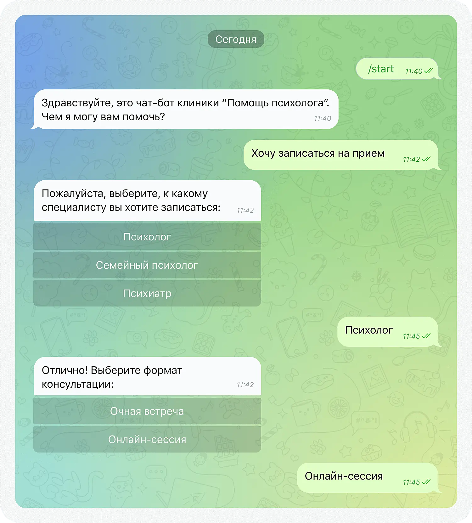 Работа чат-бота психологической клиники