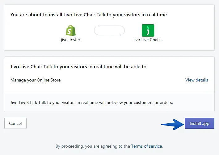 JivoChat installation page on Shopify