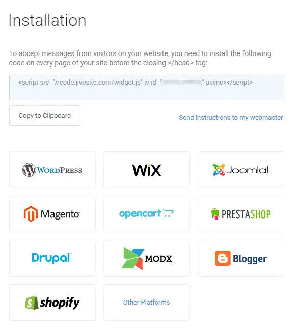JivoChat installation page