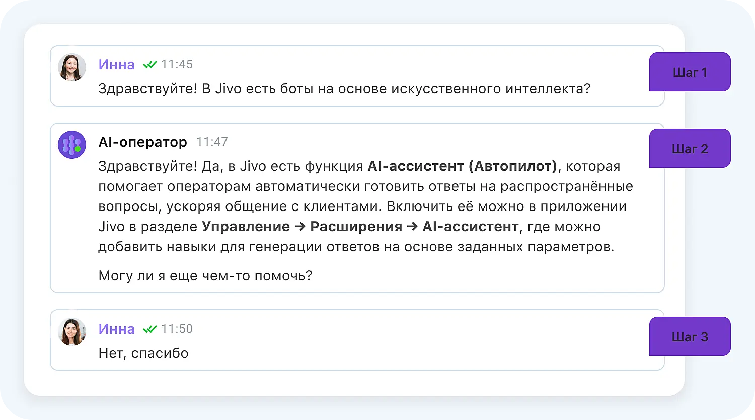 Шаги в общении с ИИ-оператором Jivo