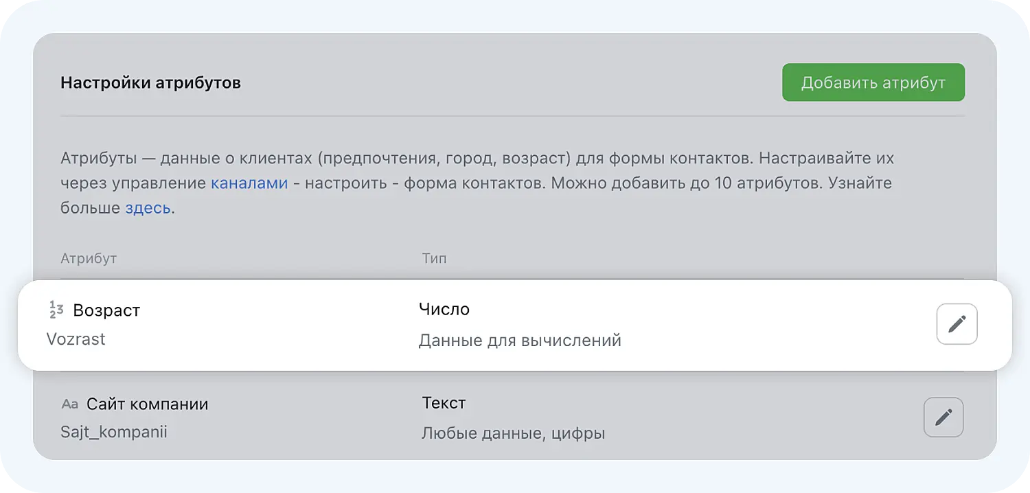 Настройка числовых атрибутов в форме контактов