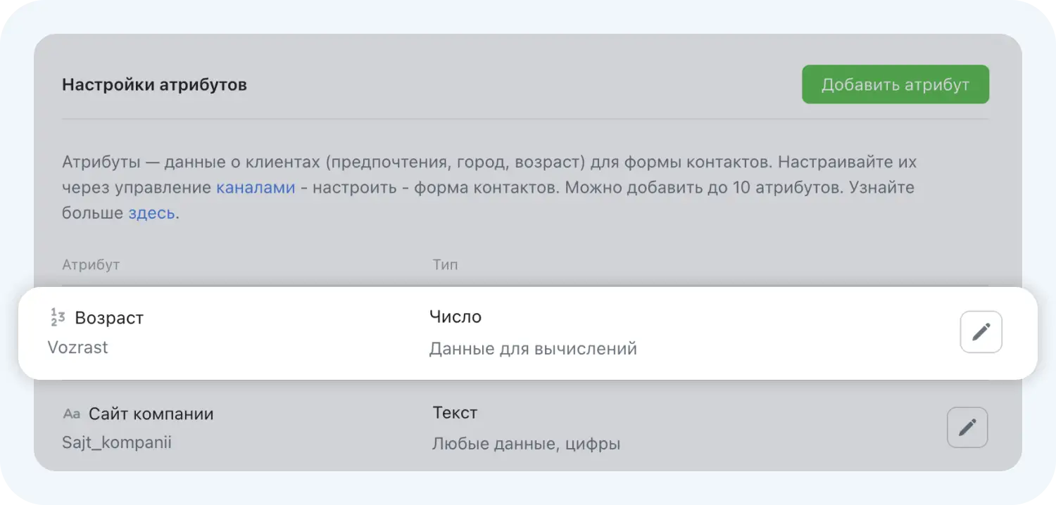 Настройка числовых атрибутов в форме контактов