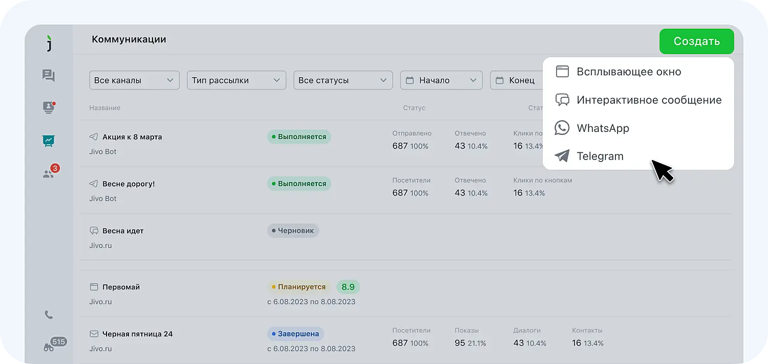 Создать Telegram-рассылку в Jivo