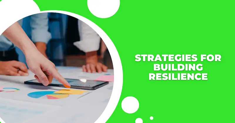 In tje image it's written "Strategies for building resilience"and on the left side. there is a woman pointing to a tablet on a table.