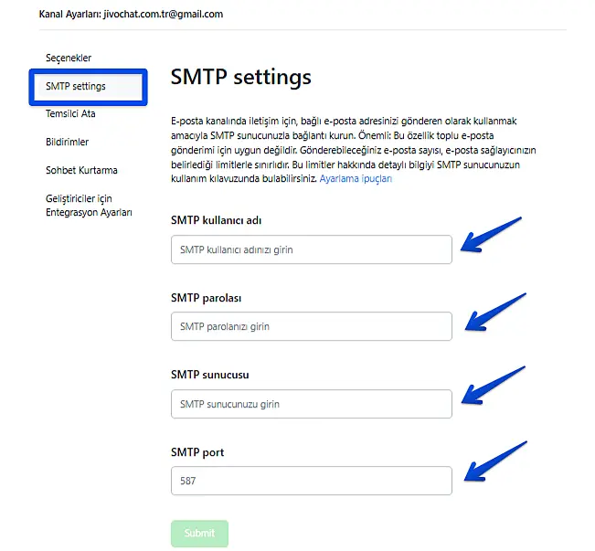 SMTP Ayarları Adım 2