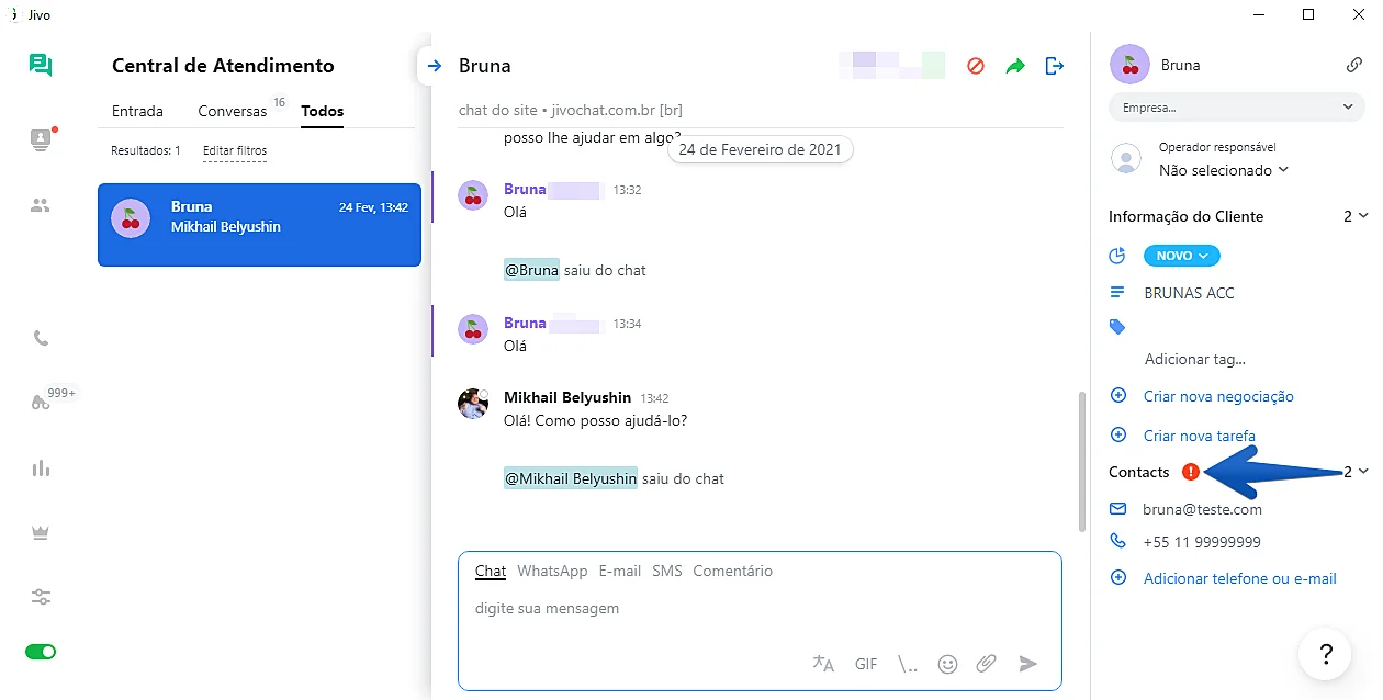 Central de atendimento do JivoChat para juntar clientes duplicados