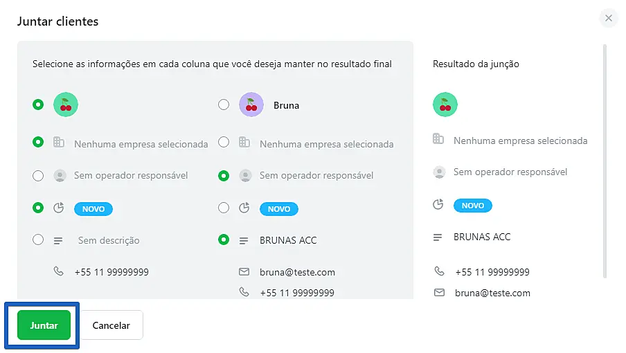 Central de atendimento do JivoChat para juntar clientes duplicados