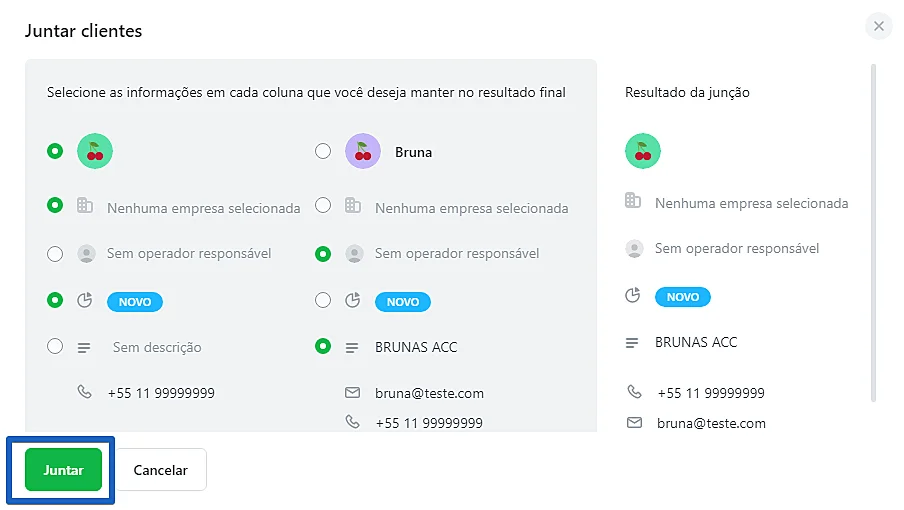 Central de atendimento do JivoChat para juntar clientes duplicados
