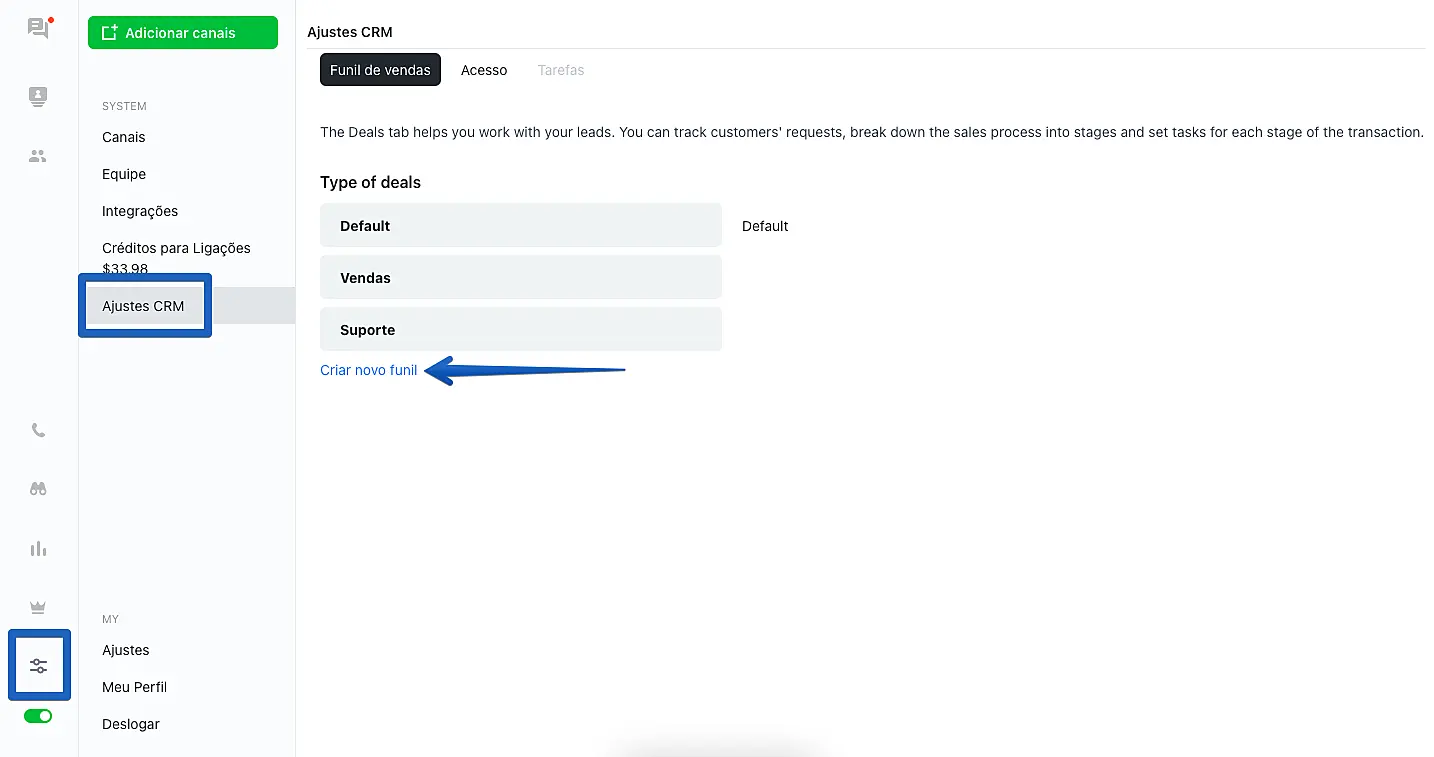 Captura de tela indicando o menu de ajustes do CRM