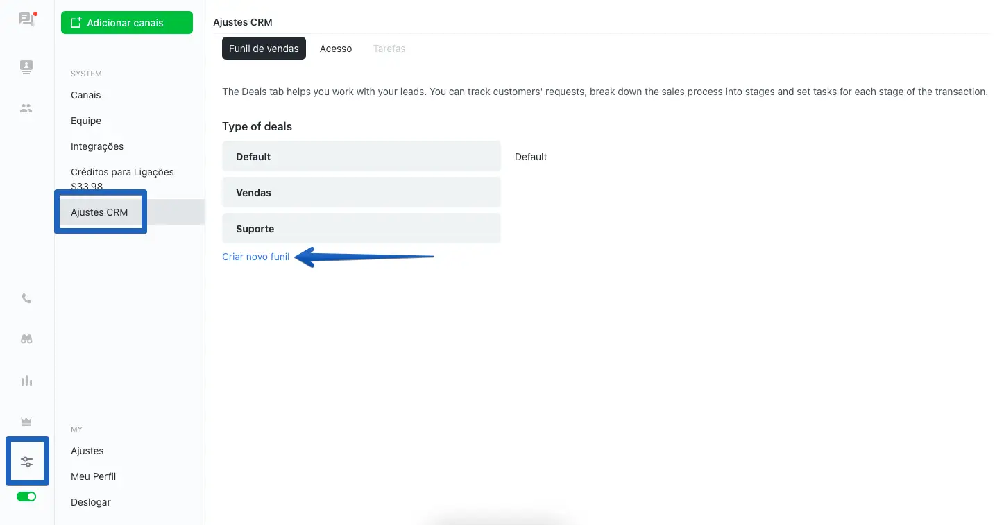 Captura de tela indicando o menu de ajustes do CRM