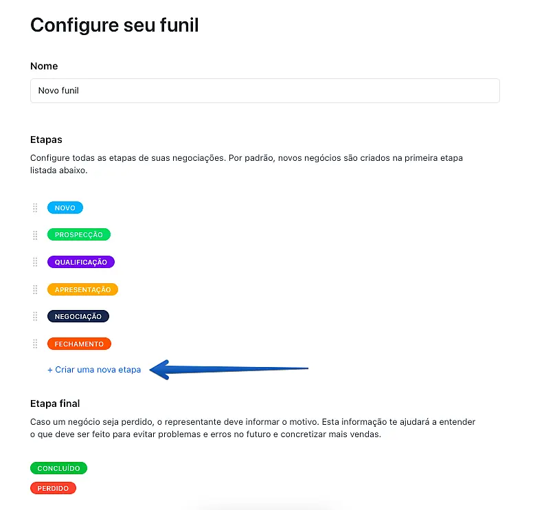 Captura de tela indicando botão de criação de uma nova etapa