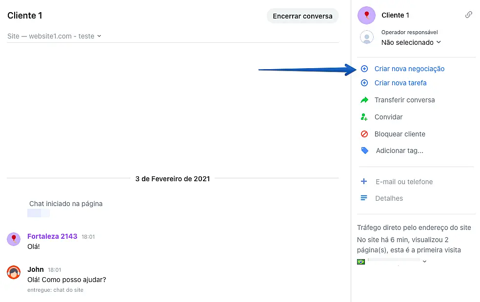 Captura de tela demonstrando como criar uma nova negociação
