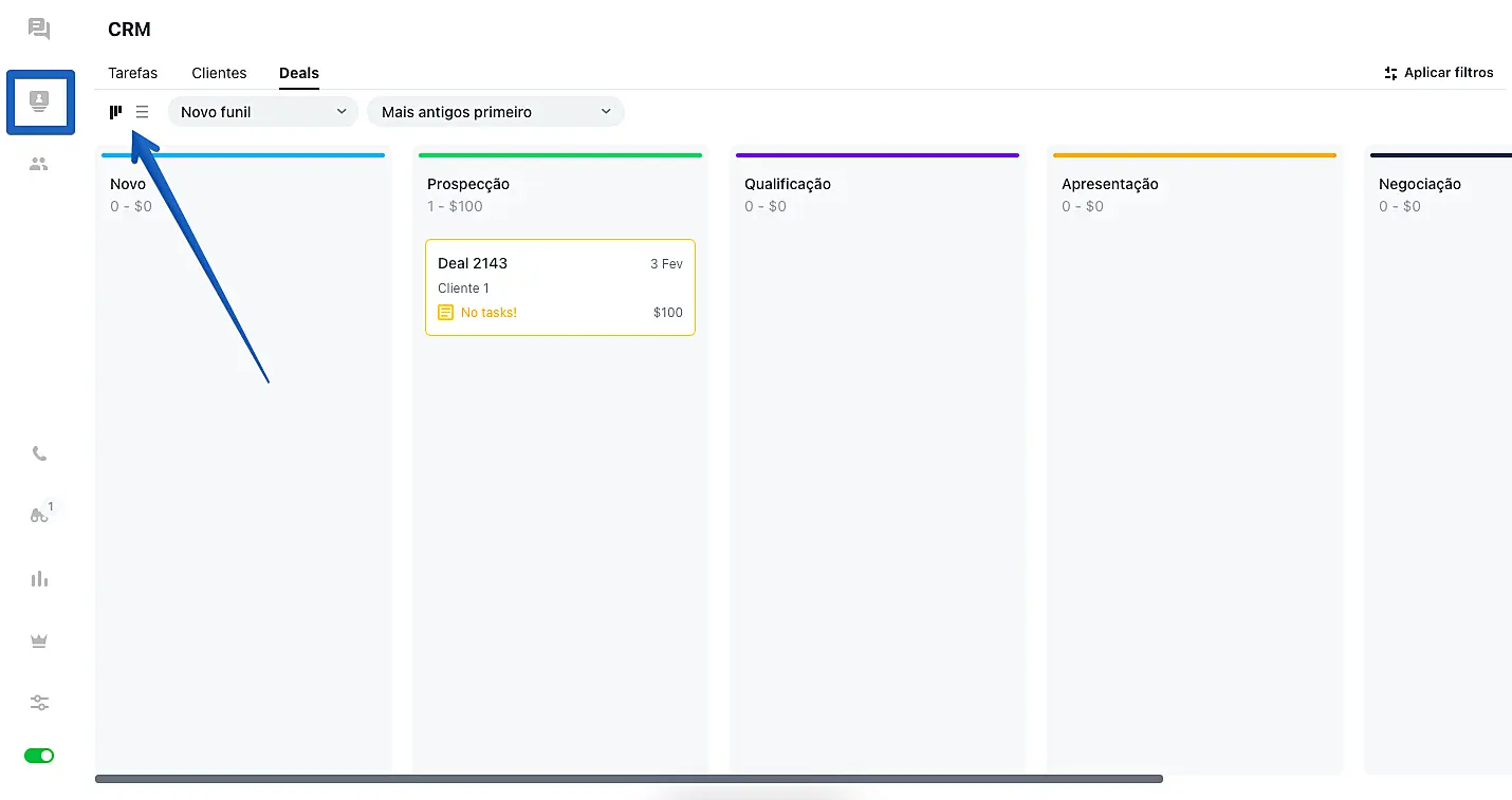 Filtros de visualização no painel de CRM