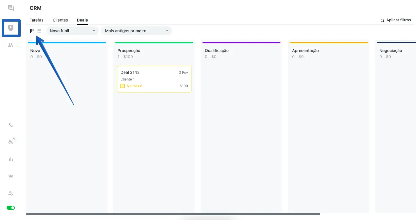 Filtros de visualização no painel de CRM