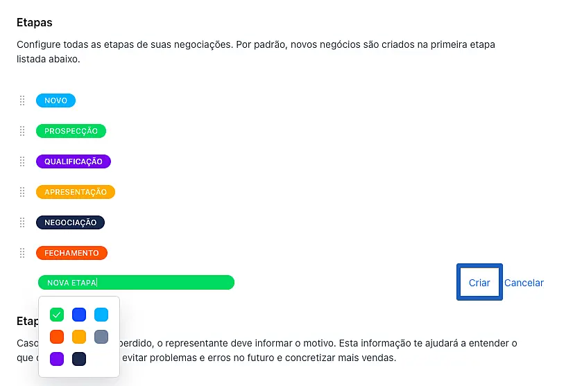 Captura de tela indicando seleção de cor para uma nova etapa