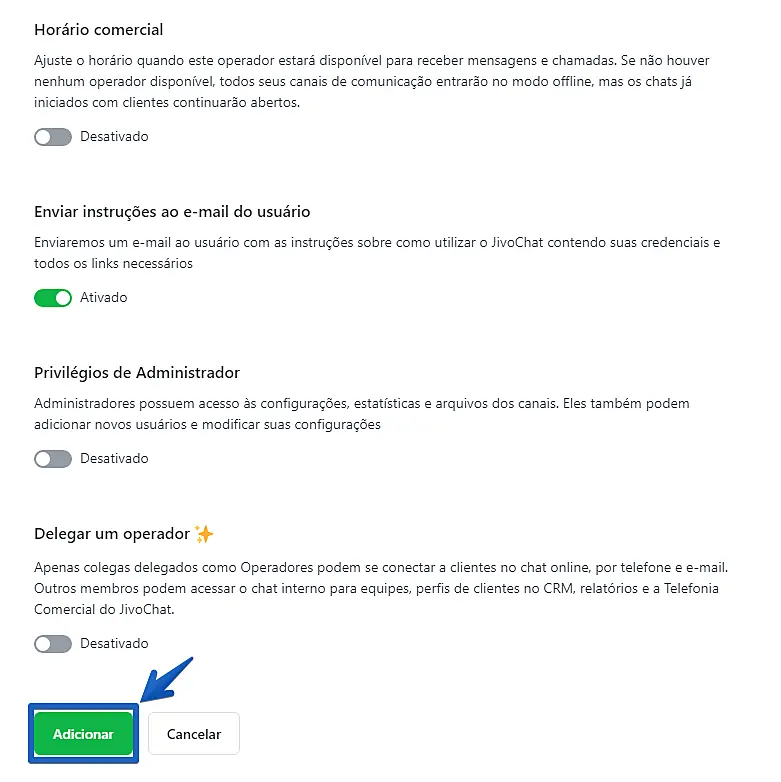 Tela com configurações de preferência e botão "Adicionar"