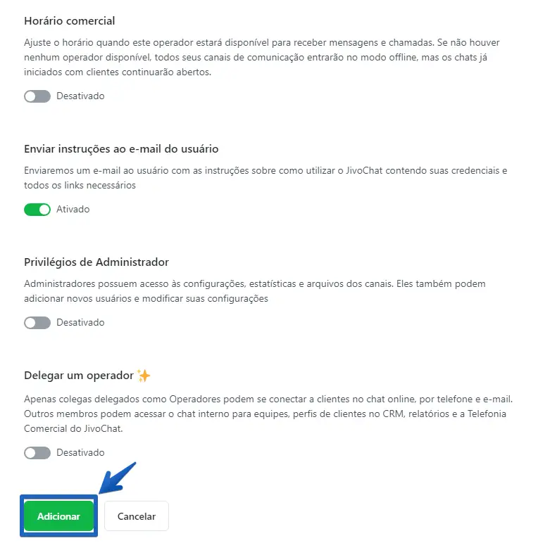 Tela com configurações de preferência e botão "Adicionar"