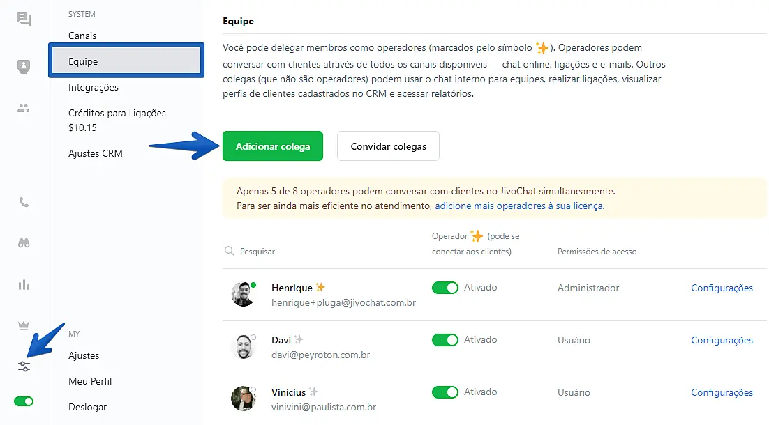 Interface do painel de Equipe do JivoChat