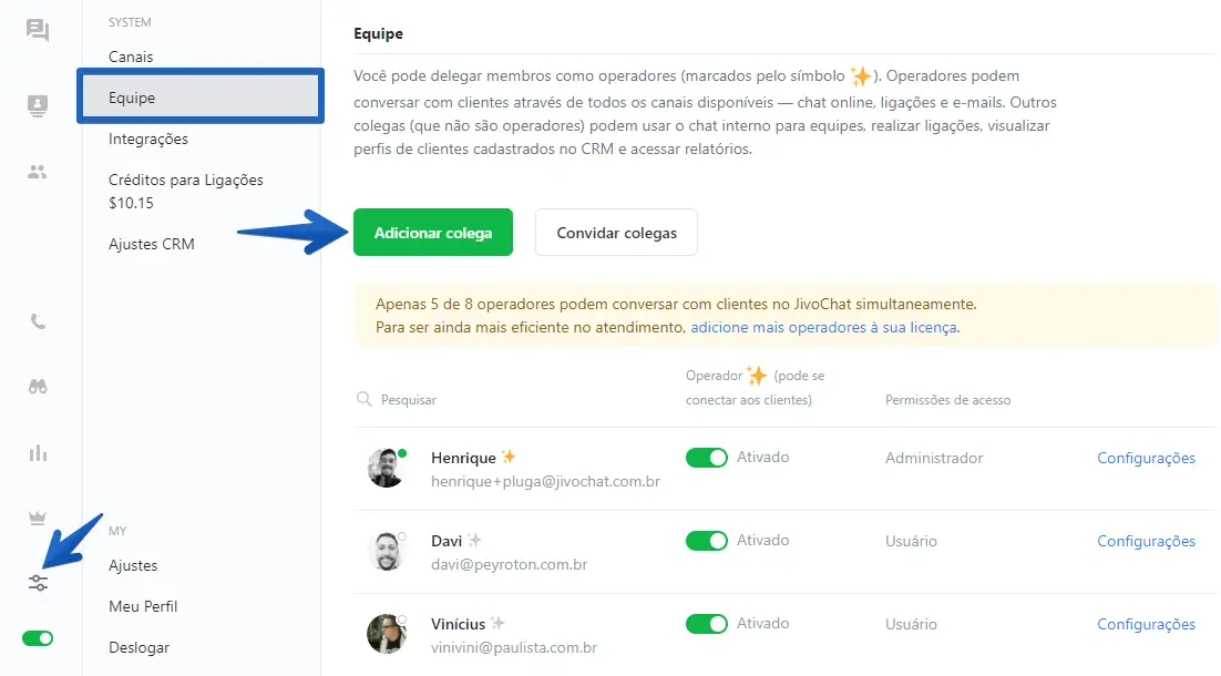 Interface do painel de Equipe do JivoChat